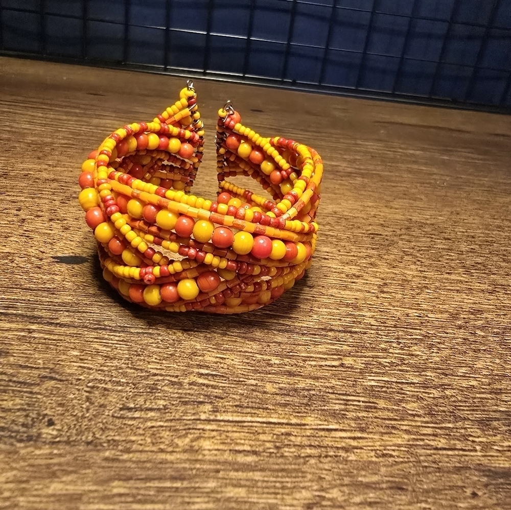 orange and yellow beaded boho cuff bracelet
